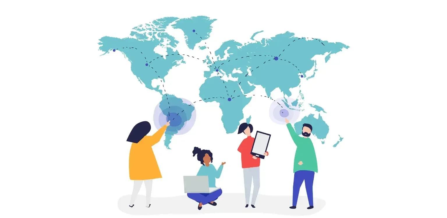Illustration de personnes avec une tablette, un ordinateur portable et un téléphone devant une carte du monde
