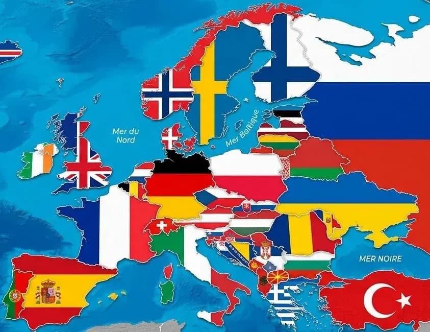 Carte de l'Europe aux couleurs des drapeaux nationaux : Pure IPTV en France, Belgique, Suisse et en Europe