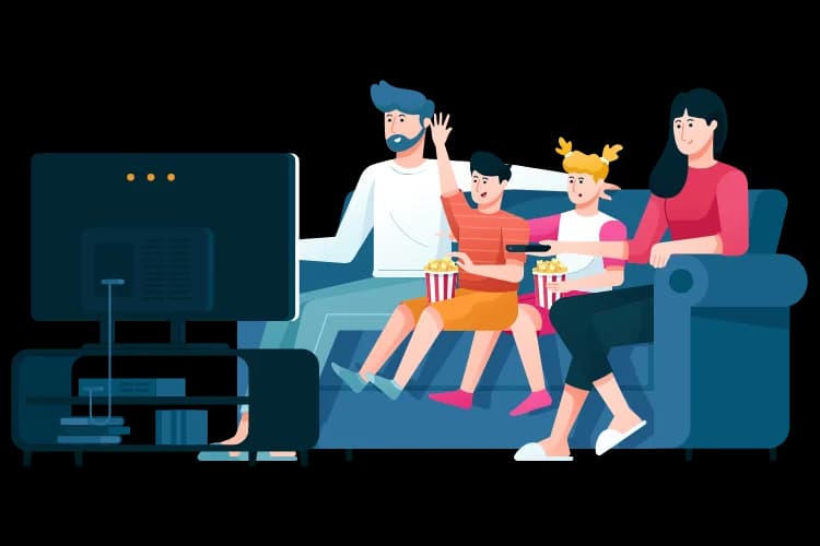 Famille sur un canapé avec du pop-corn, devant la télévision